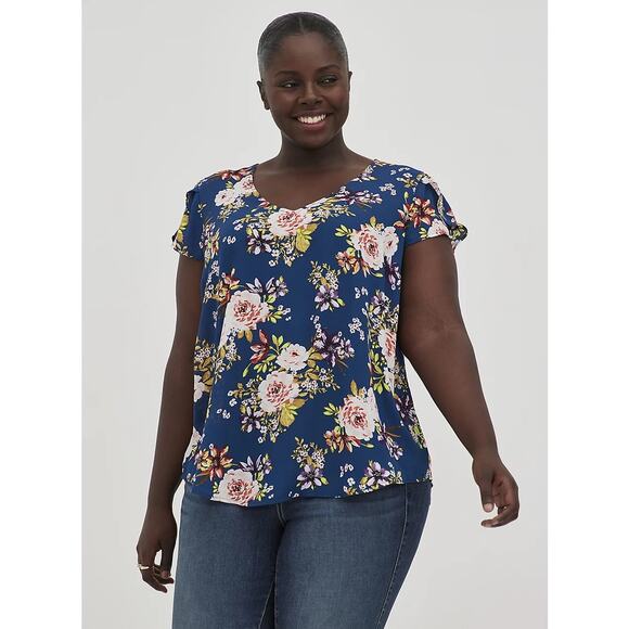 Women’s Torrid Tulip Sleeve Blouse Georgette Floral Navy Size 1 - Picture 1 of 6